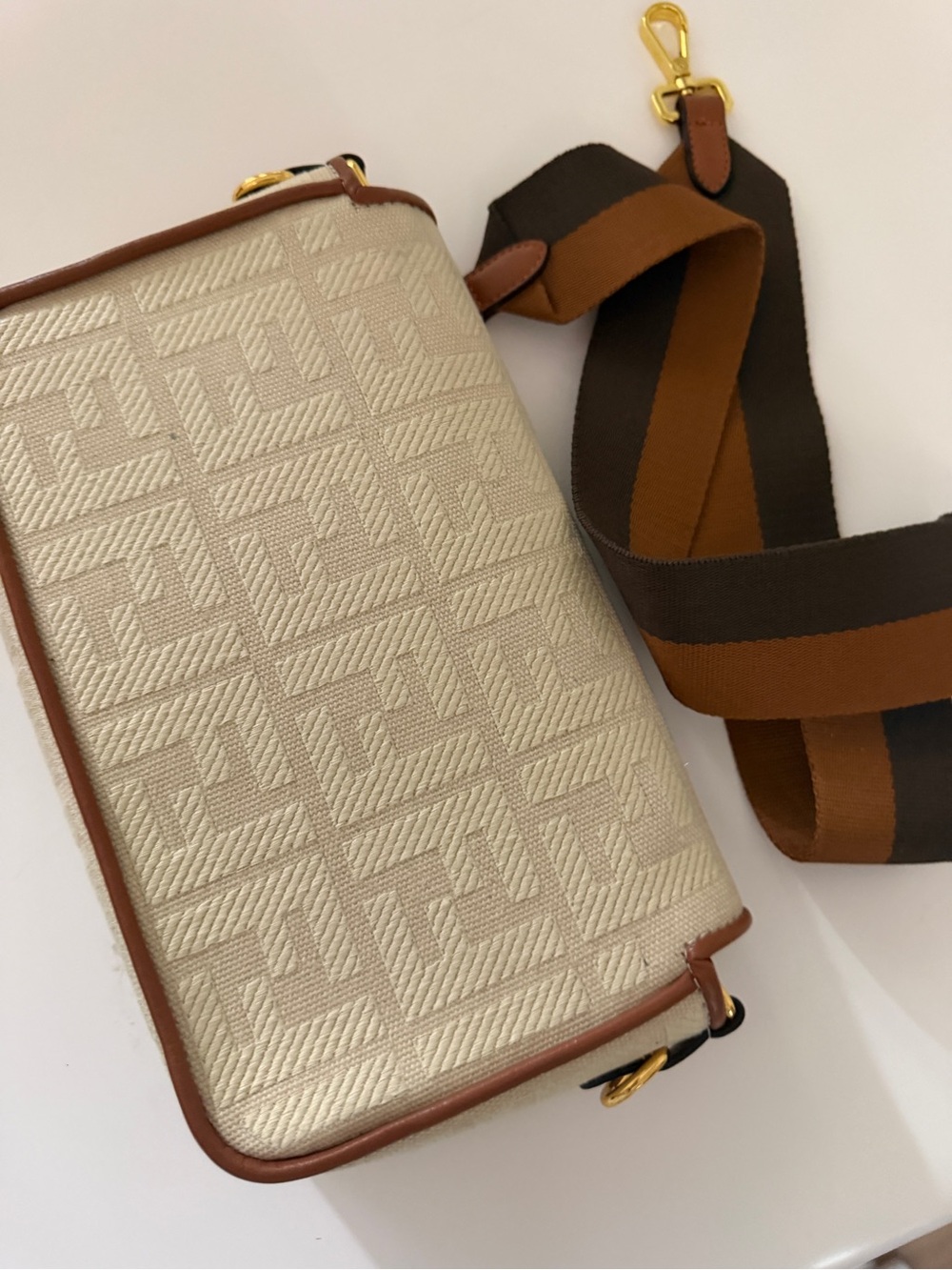 Designer-Inspired ff Cream Canvas Crossbody Bag with Brown Trim - Picture 4 of 4